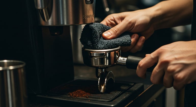 Close-up of hands cleaning espresso machine portafilter with professional coffee equipment maintenance